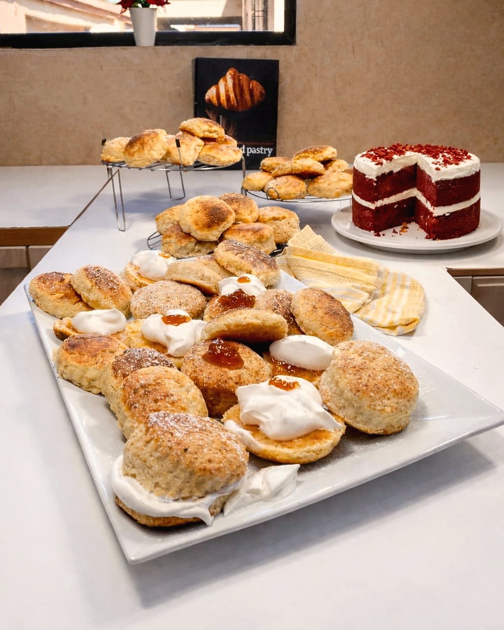 Scones and red velvet cake spread